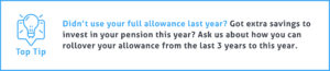 End of Tax Year Tip #2 - Didn’t use your full allowance last year? Got extra savings to invest in your pension this year? Ask us about how you can rollover your allowance from the last 3 years to this year.