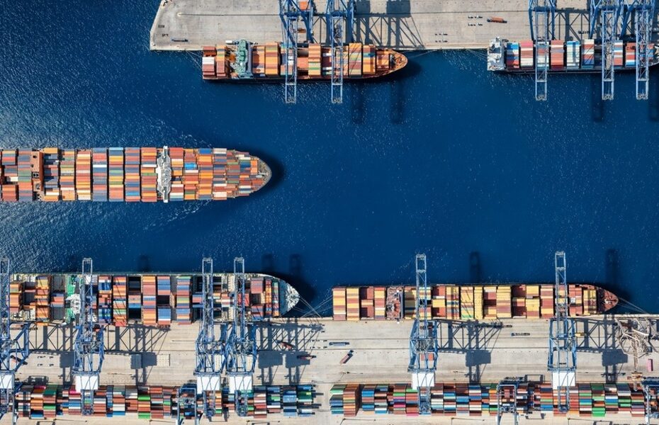 An aerial view of a cargo ship harbour.