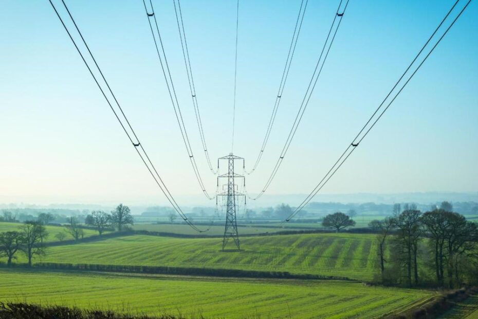 Power lines in Kent, UK.